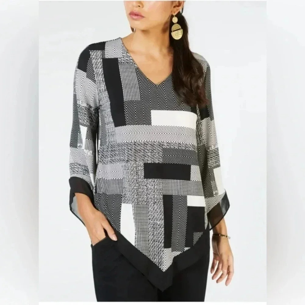 ALFANI Womens Black Long Sleeve V Neck Top